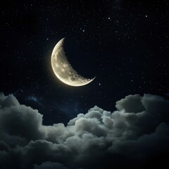 Wall Mural - cinematic cosmic realism, ultra-detailed full and crescent moon illuminating misty clouds, luminous 