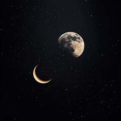 Wall Mural - hyper-realistic full moon and crescent moon glowing in a deep cosmic sky, surrounded by intricate co