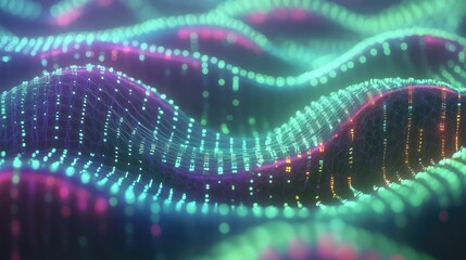 Machine learning algorithm represented by glowing matrix codes and data points.