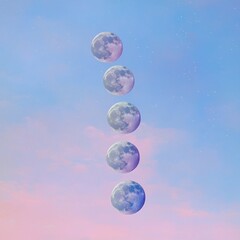 Wall Mural - 08030846 15 Floating full and crescent moons in a dreamy pastel-hued sky, soft glowing constellation trails, artistic ethereal ambiance.