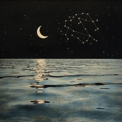 Wall Mural - 08030846 18 Cosmic reflections, detailed lunar surface textures, full and crescent moon glowing above a still lake, constellations forming a celestial map.