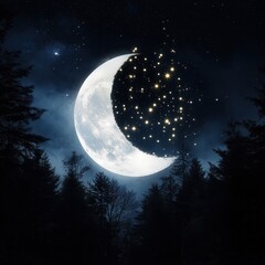 Wall Mural - 08030846 12 Lunar duality, hyper-detailed full moon and crescent moon in a misty enchanted forest, glowing constellation patterns forming above.