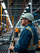 © Sara - Factory worker observes assembly line operations during evening shift in industrial setting
