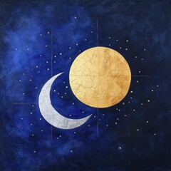 Wall Mural - 08030846 10 ancient mythology-inspired celestial scene, golden full moon and silver crescent moon, d