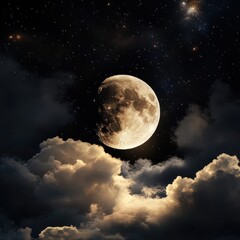 Wall Mural - Cinematic cosmic drama, golden-hued moonlight illuminating the clouds, softly glowing full and crescent moon, twinkling constellations.