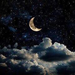 Wall Mural - Cinematic cosmic drama, golden-hued moonlight illuminating the clouds, softly glowing full and crescent moon, twinkling constellations.