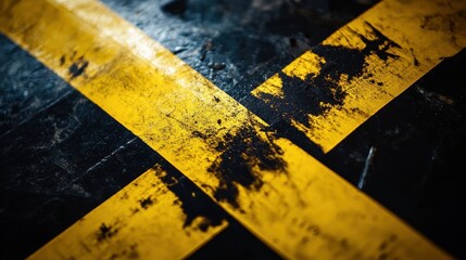 Aufkleber - Close-Up of Weathered Yellow and Black Cross Lines on Dark Surface