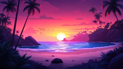 Wall Mural - Vibrant sunset over a tropical beach, palm trees silhouette. Perfect for travel, vacation, or summer themes.