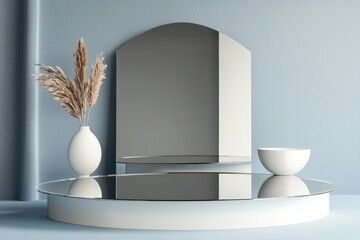 Wall Mural - Elegant minimalistic podium with mirrored surface for high-end product display.