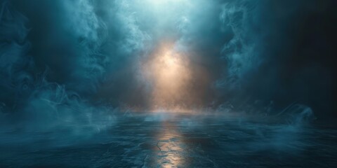 Wall Mural - dark blue and yellow light beam emerging through smoke