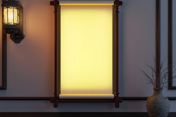Wall Mural - Rendered vertical Chinese paper scroll with neon yellow glow and mahogany border.
