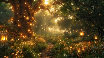 Wall Mural - enchanted forest path with glowing lights