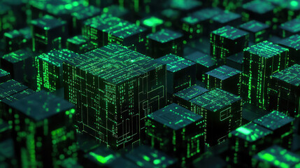 The matrix of artificial intelligence. An urban landscape made of green cubes in a futuristic style. Abstract futuristic program code. The cubes are highlighted and appear to be part of a computer