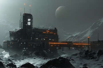 Wall Mural - a futuristic space station is surrounded by mountains and a large planet