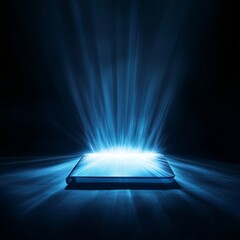 Wall Mural - a phone is lit up in a blue light. the light is shining on the phone, making it look like it's glowi