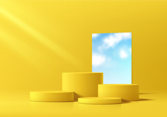 Wall Mural - yellow 3d cylindrical podium background with blue sky in square mirror. studio room. minimalist mock