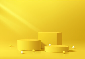 Wall Mural - 3d yellow cylindrical podium background with cube pedestal, clean empty wall scene. minimalist 3d mo