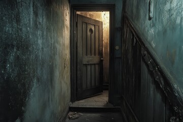 Wall Mural - A dark hallway with a door that is open. The door is black and the hallway is dirty