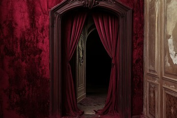 Wall Mural - a red curtain is drawn open to reveal a dark room. the curtains are drawn open to the left, and the 
