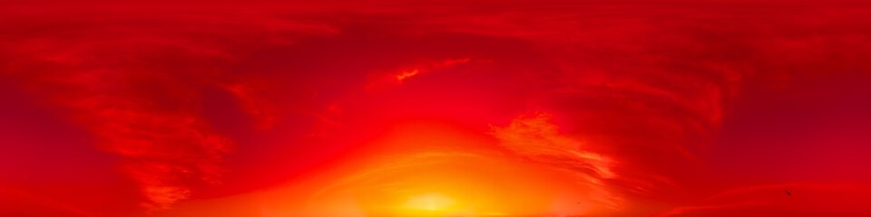 Wall Mural - 360 panorama of glowing sunset sky with bright pink cirrus clouds. hdr 360 seamless spherical panora