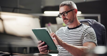 Wall Mural - business, tablet and man in office, creativity and decision with internet, thinking and network. per