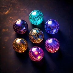 Wall Mural - Seven ornate, colorful spheres are arranged in a circular pattern on a dark surface, each reflecting light and displaying intricate designs. Colors range from vibrant blues and purples to warm gold 
