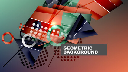 Poster - Abstract background - overlapping circles, rectangles, and triangles with vibrant gradients. Semi-transparent shapes create depth and balance