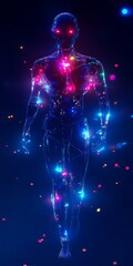 Wall Mural - a man is walking through a field of glowing lights. the lights are in various colors and are scatter