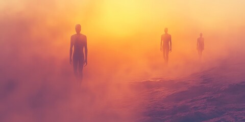 Wall Mural - Three people are walking through a foggy, misty landscape. The sky is orange and the sun is setting, casting a warm glow over the scene. The atmosphere is mysterious and eerie