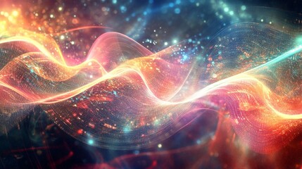 Wall Mural - A colorful wave of light with a red and orange section. The wave is made up of many small dots and is very bright