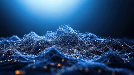 Abstract Digital Network Landscape with Blue Light and Data Points Representing Connection and Technology