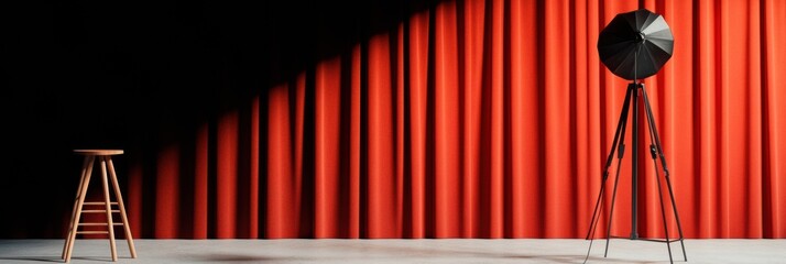 Poster - Retro Comedy Stage Design Minimalist Vintage Performance Space with Classic Spotlight and Theatrical Red Curtain - Creative Entertainment Content Mockup