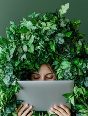 Poster - Biophilic Digital Workspace Immersive Remote Work Concept Showcasing Millennial Productivity in Lush Green Home Office Environment
