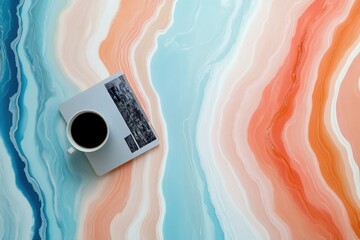 Aufkleber - Fluid Workspace Aesthetics Minimalist Coffee Moment with Digital Device on Pastel Marble Texture - Creative Professional Productivity Inspiration