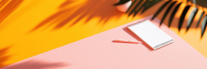 Poster - Dynamic Digital Workspace Minimalist Color-Block Home Office with Palm Shadow, Modernist Productivity Design for Creative Professionals and Remote Work Aesthetics