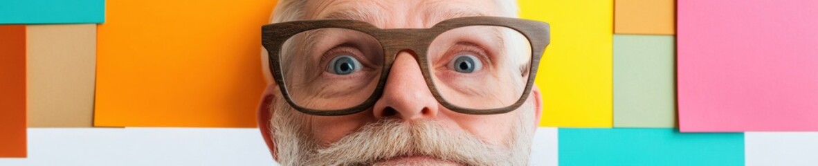 Aufkleber - Vibrant Digital Literacy Revolution Playful Elder Tech Learning with Retro-Modern Eyewear Against Colorful Geometric Backdrop - Empowering Senior Connectivity