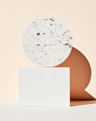 Poster - Minimalist Geometric Product Display Terrazzo Circular Podium with Elegant White Cube - Contemporary Design Showcase for Premium Brand Storytelling