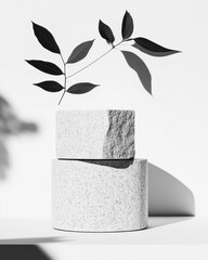 Poster - Minimalist Architectural Design Textural Stone Pedestals with Elegant Botanical Shadow Play - Contemporary Branding and Creative Product Presentation Concept