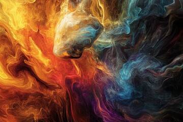 Wall Mural - A colorful painting of a galaxy with a yellow and orange swirl in the center. The painting is full of vibrant colors and has a dreamy, otherworldly feel to it