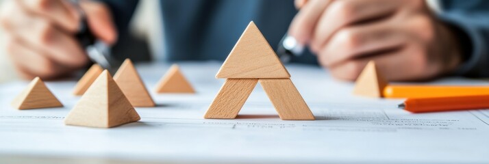 Aufkleber - Minimalist Strategic Planning Wooden Geometric Blocks Revealing Business Innovation, Leadership Dynamics, and Transformative Organizational Design in Close-Up