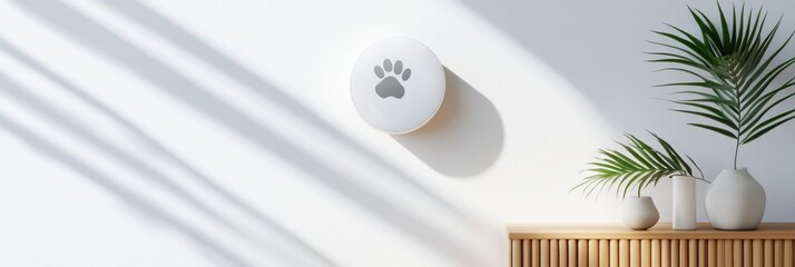 Aufkleber - Minimalist Smart Pet Tech Sleek Paw-Print IoT Device with Biophilic Design in Modern Smart Home Wellness Environment - Innovative Digital Pet Care Solution