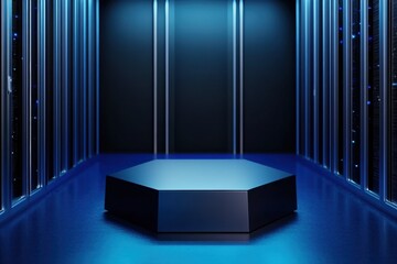 Poster - Futuristic Tech Showcase Sleek Navy Hexagonal Podium with Immersive Blue LED Lighting - Cutting-Edge Data Center Innovation for Digital Transformation