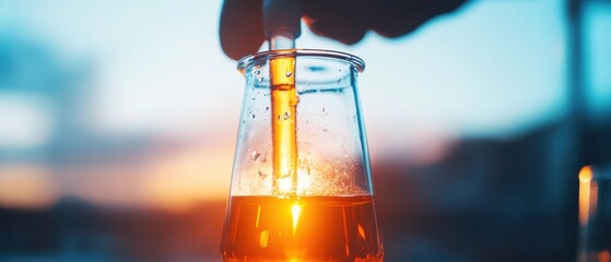 Poster - Cutting-Edge Scientific Innovation Mixed Reality Lab Exploration of Amber Liquid Dynamics in High-Performance Glass Beaker - Advanced Research Technology Visualization