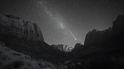 Meteor shower over mountainous landscape at night, monochrome.