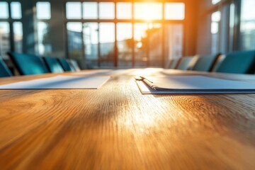 Fototapete - Minimalist Healthcare Innovation Warm Golden Light Illuminates Modern Medical Consultation Space with Adaptive Workspace Design for Professional Wellness Environments