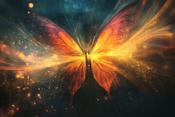 Wall Mural - a butterfly with orange wings is flying through a starry sky. the butterfly is surrounded by a lot o
