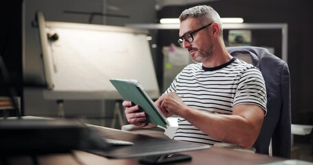 Wall Mural - business, tablet and man in office, thinking and decision with internet, design editing and network.