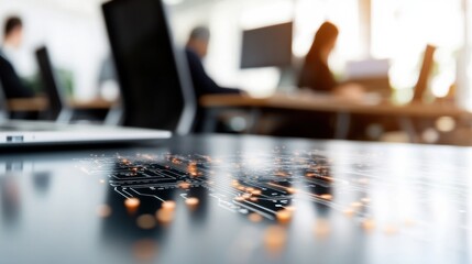 Fototapete - Futuristic AI Analytics Landscape Transparent Circuit Board Overlaying Dynamic Corporate Workspace - Transformative Technology Intersection for Next-Gen Business Intelligence
