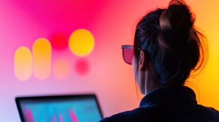 Leinwandbilder - Vibrant Digital Nomad Gen Z Creative Professional Exploring AI-Powered Design Trends with Neon Gradient Aesthetic and Cutting-Edge Laptop Technology