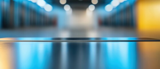 Poster - Sleek Cybersecurity Mockup Minimalist Chrome Tech Surface with Ethereal Blue Datacenter Bokeh - Innovative Digital Infrastructure Visualization
